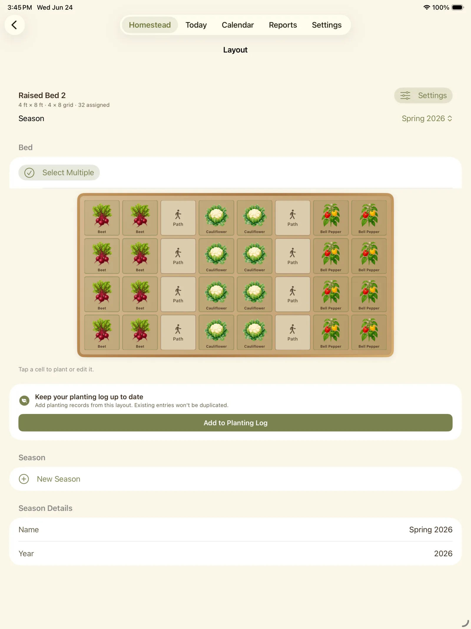 Homestead Keeper garden layout screen showing crop placements in a raised bed grid.